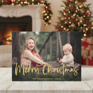 Christmas Plaid Gold Foil Script Holiday Photo