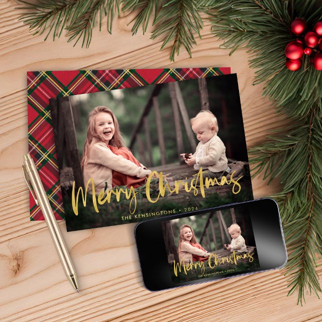Christmas Plaid Gold Foil Script Holiday Photo Card (Christmas Plaid Gold Foil Script Holiday Photo)