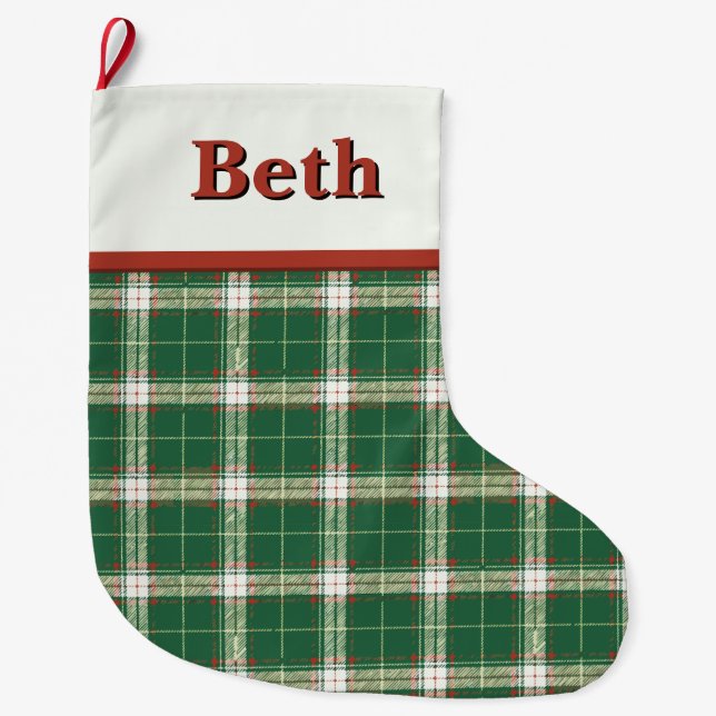 Christmas Plaid Green and White Large Christmas Stocking (Front)