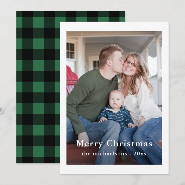 Christmas Plaid Green Buffalo Plaid Photo Holiday Card (Front/Back)