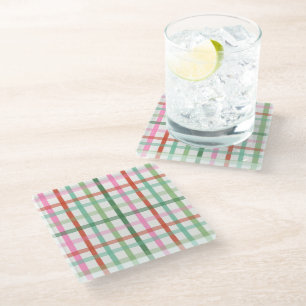 Christmas Plaid - Green & Pink White Glass Coaster
