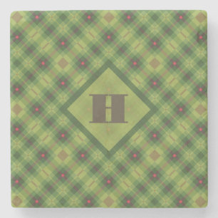 Christmas Plaid Green Preppy Monogram Stone Coaster
