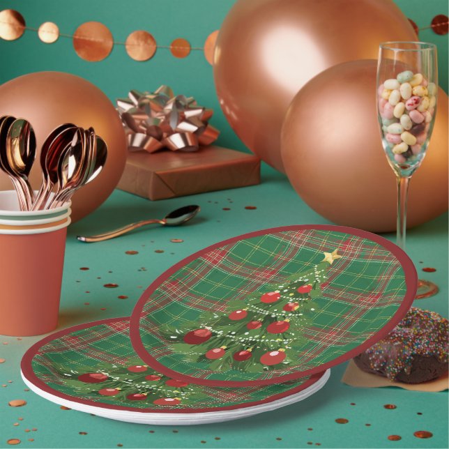 Christmas Plaid Green, Red with Gold Paper Plate (Multi)