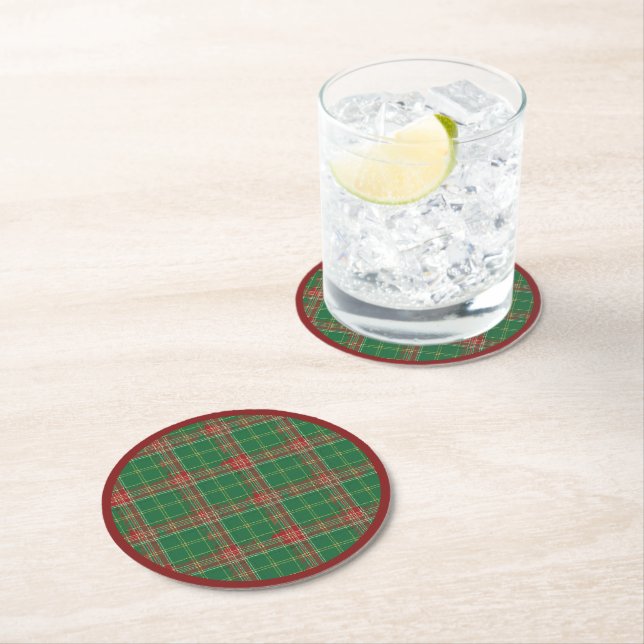 Christmas Plaid Green, Red with Gold Round Paper Coaster (Insitu)