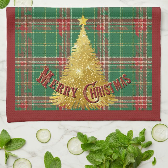 Christmas Plaid Green, Red with Gold Tree Tea Towel (Folded)