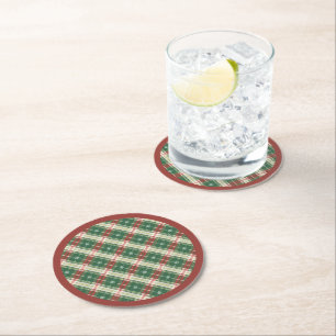 Christmas Plaid Green, White, with Red Round Paper Coaster