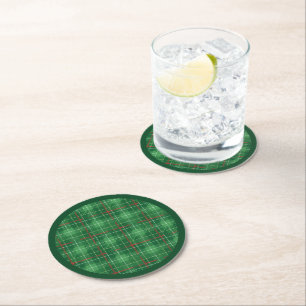 Christmas Plaid Green with Red Round Paper Coaster