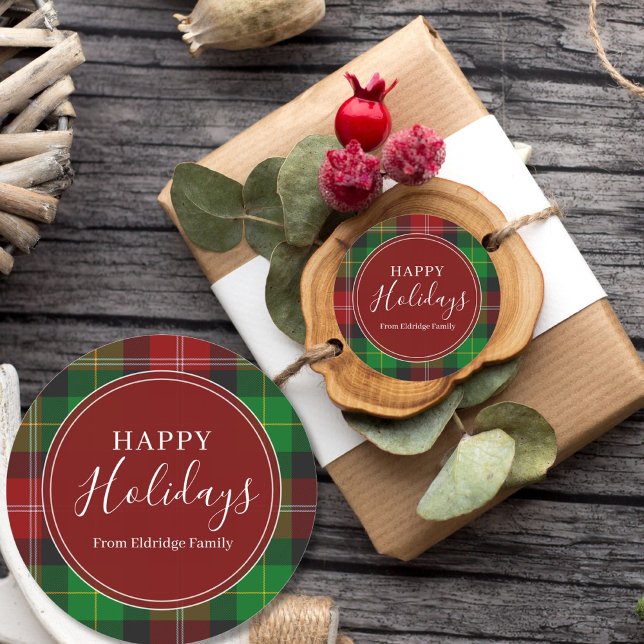 Christmas Plaid Happy Holidays Family Name  Classic Round Sticker (Creator Uploaded)