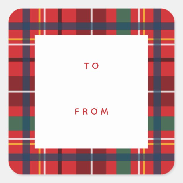 Christmas plaid holiday to from blank red gift square sticker (Front)