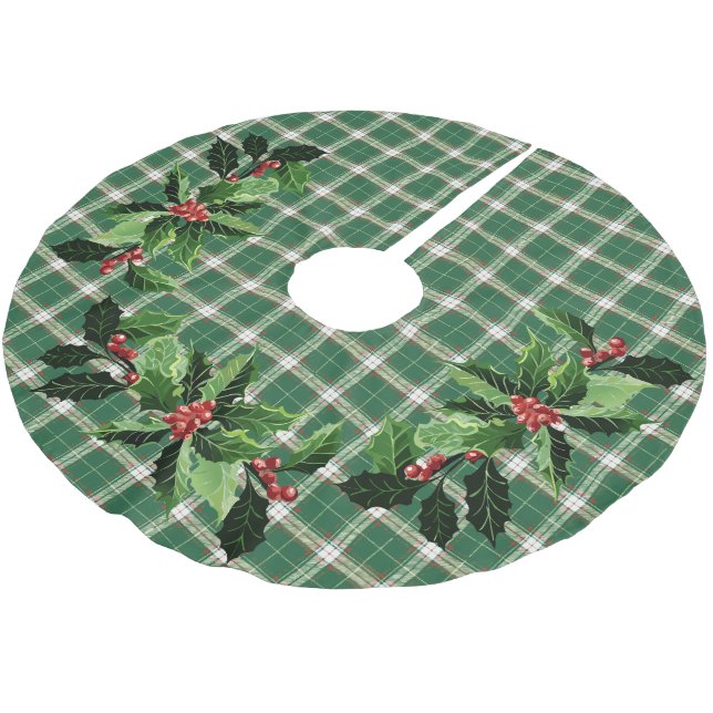 Christmas Plaid in Scottish Green and White Brushed Polyester Tree Skirt (Angled)