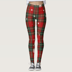 Christmas Plaid Leggings with Snowflakes