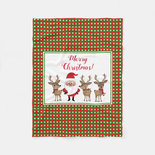 Christmas Plaid Merry Christmas Santa Reindeer Fleece Blanket (Front)