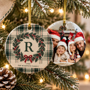 Christmas Plaid Monogram Custom Photo Wreath Ceramic Tree Decoration