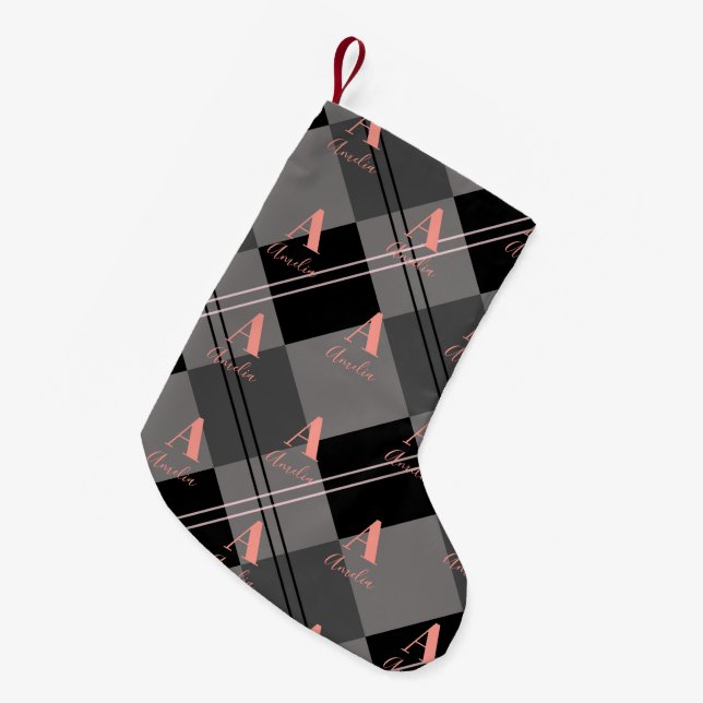 Christmas Plaid Monogram Grey Black Pink Small Christmas Stocking (Front (Hanging))