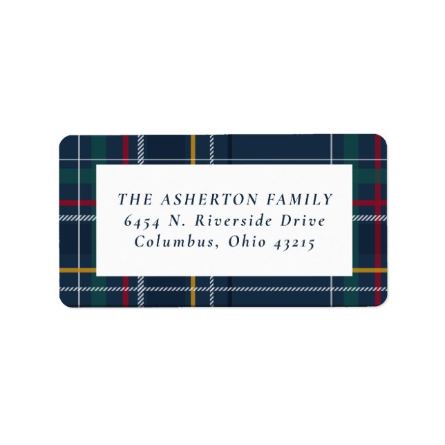 Christmas plaid navy blue holiday return address label (Front)