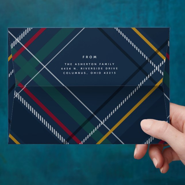 Christmas plaid navy holiday return address envelope (Hand)