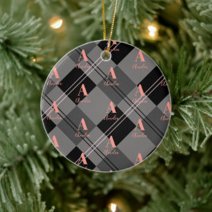Christmas Plaid Personalised Grey Black Pink Ceramic Tree Decoration