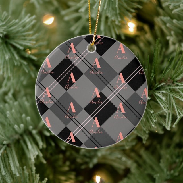 Christmas Plaid Personalised Grey Black Pink Ceramic Tree Decoration (Tree)