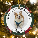 Christmas Plaid Pet's First Christmas Photo Ceramic Tree Decoration<br><div class="desc">Custom-designed pet's first Christmas photo ornament featuring custom pet's photo and name on festive Christmas plaid background.</div>