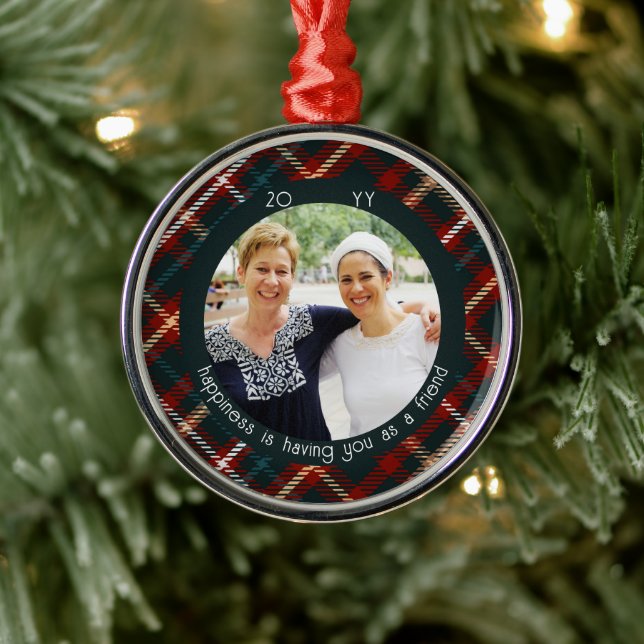 Christmas Plaid Photo Happiness is You as Friend Metal Tree Decoration (Tree)