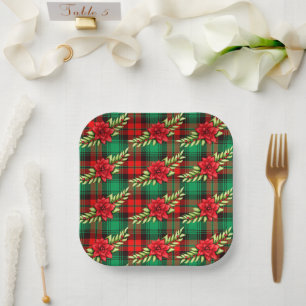 Christmas Plaid Poinsettias And Leaves Paper Plate