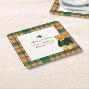 Christmas Plaid Preppy Bear Baby Shower Square Paper Coaster
