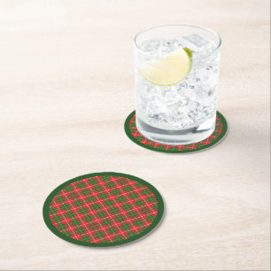 Christmas Plaid Red and Green Round Paper Coaster