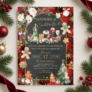 Christmas Plaid Red Black Cookies Cocktails Party Invitation