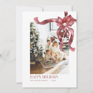Christmas Plaid Red Bow Family Photo Holiday Card