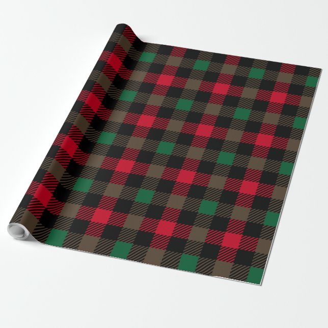 Christmas Plaid Red Green Black Checked Pattern Wrapping Paper (Unrolled)