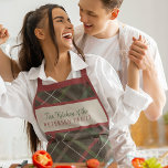 Christmas plaid red green family name personalised<br><div class="desc">Rustic Christmas traditional classic dark red green plaid tartan apron personalised with family name and text.</div>