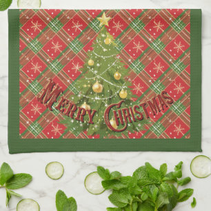 Christmas Plaid Red, Green, Gold and Tree Tea Towel