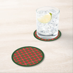Christmas Plaid Red, Green with Gold Crosses Round Paper Coaster