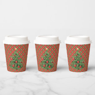 Christmas Plaid Red, Green with Gold Snowflakes Paper Cups