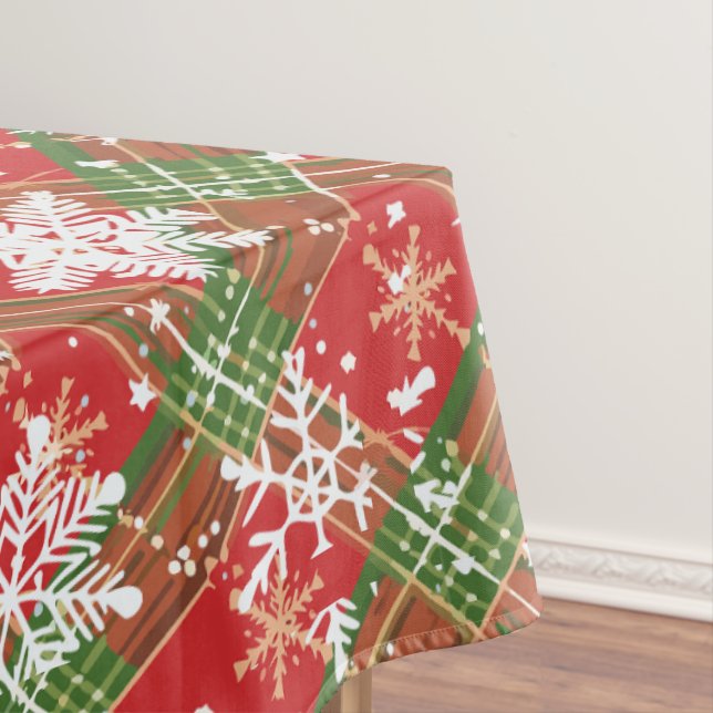 Christmas Plaid Red, Green with White Snowflakes Tablecloth (In Situ)