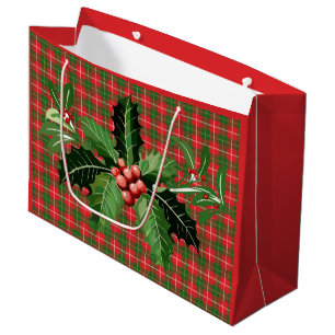 Christmas Plaid Red Green with Wreath Large Gift Bag