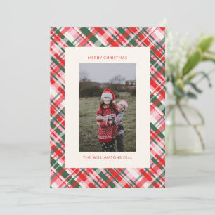 Christmas Plaid Red Pink Green Vertical Photo Cute Holiday Card