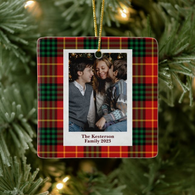Christmas Plaid Red Tartan Photo  Ceramic Ornament (Tree)