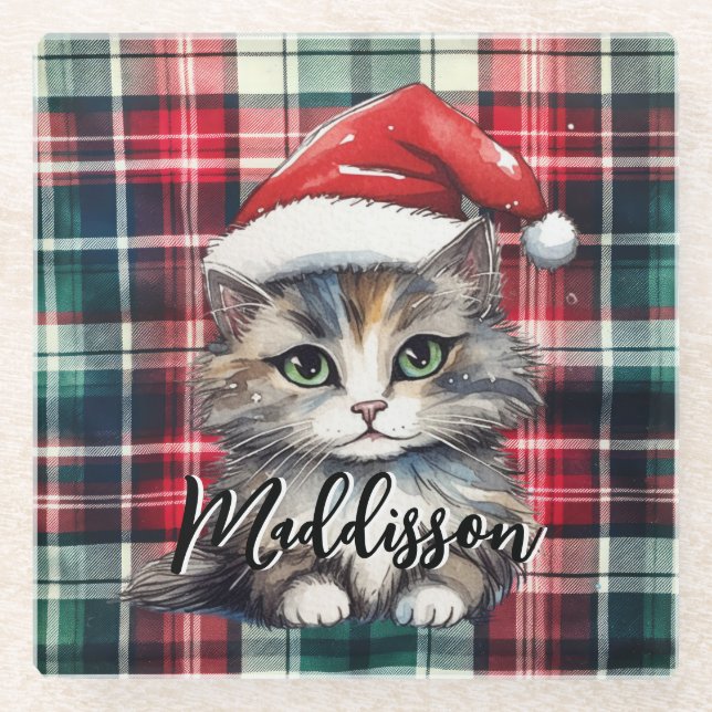 Christmas Plaid Santa Cat With Name Glass Coaster (Front)