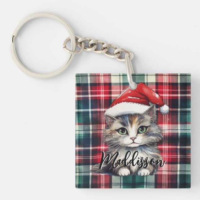 Christmas Plaid Santa Cat With Name Key Ring (Front)