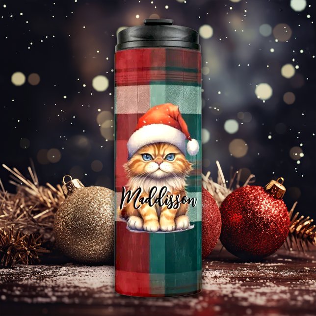 Christmas Plaid Santa Cat With Name Thermal Tumbler (Creator Uploaded)