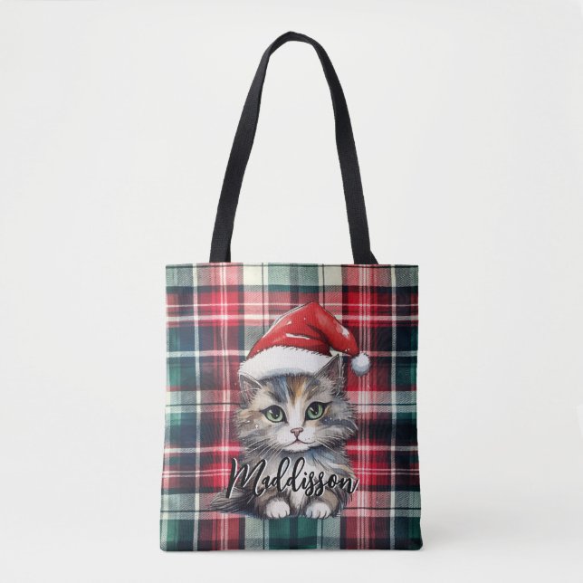Christmas Plaid Santa Cat With Name Tote Bag (Front)