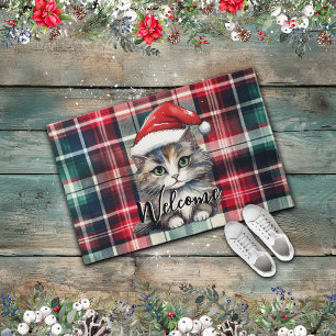 Christmas Plaid Santa Cat With Text Doormat
