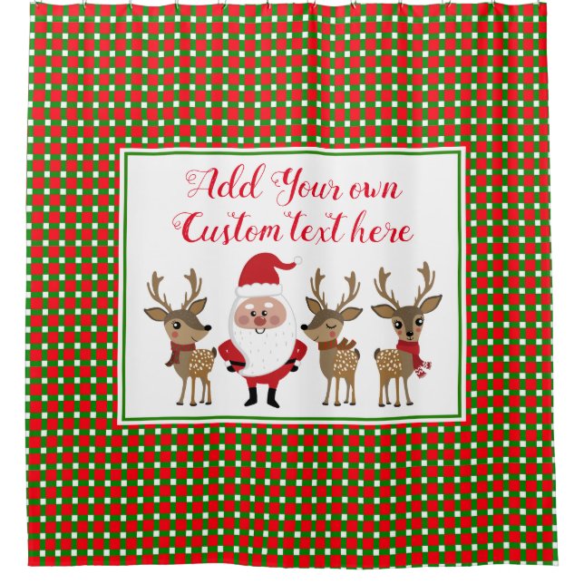 Christmas Plaid Santa Reindeer Custom Typography Shower Curtain (Front)