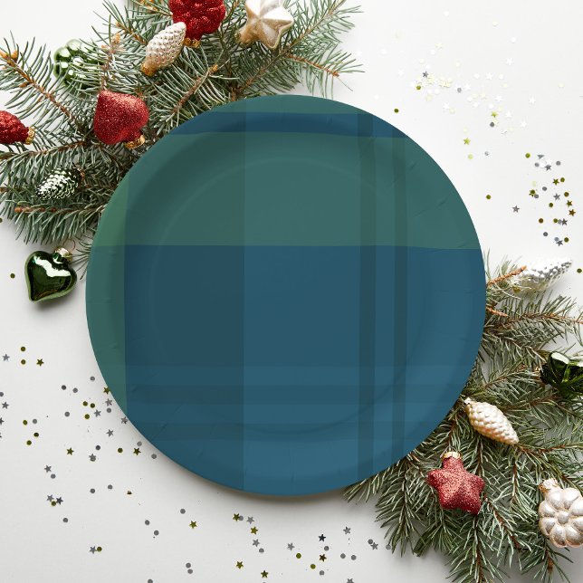 Christmas plaid simple navy green holiday party paper plate (Creator Uploaded)