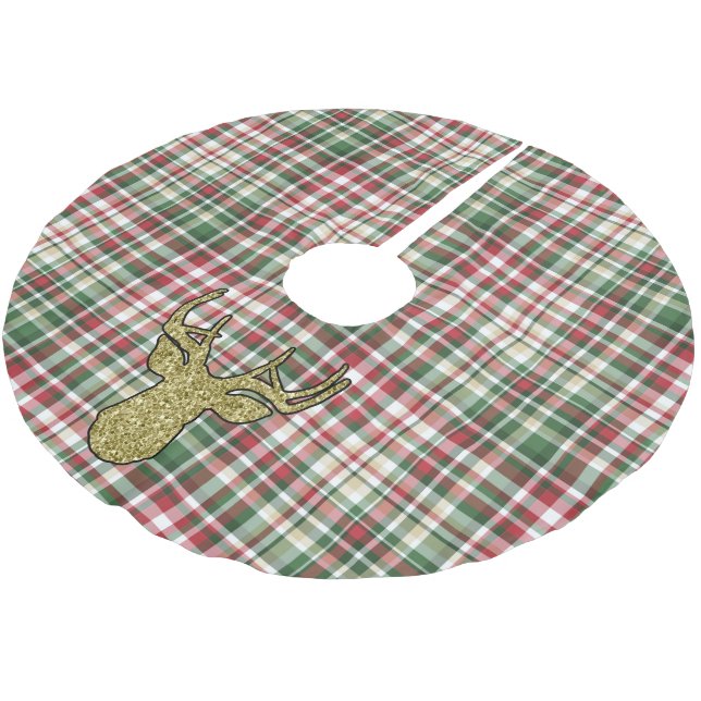 Christmas Plaid Tartan Gold Deer Buck Tree Skirt (Angled)