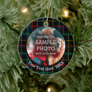 Christmas Plaid, Two Photo, Two Sided Ceramic Tree Decoration