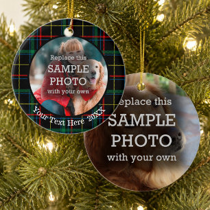 Christmas Plaid, Two Photo, Two Sided Ceramic Tree Decoration