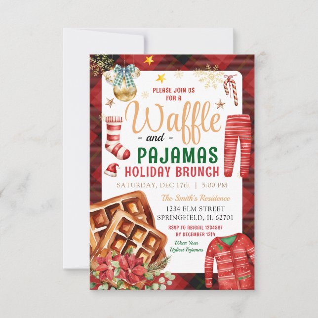Christmas Plaid Waffle and Pyjamas Holiday Brunch Invitation (Front)
