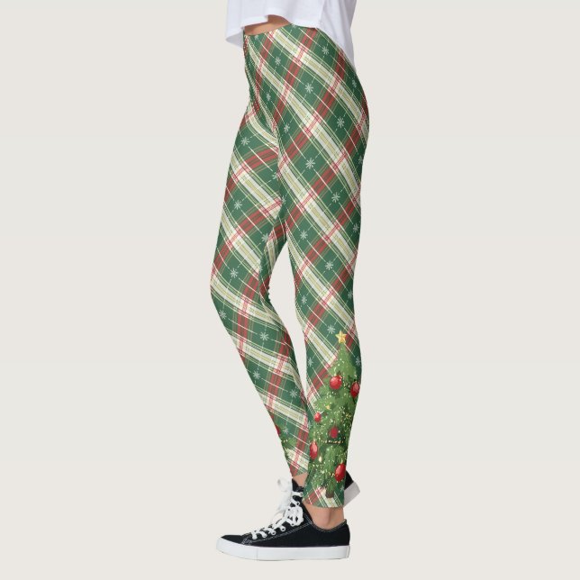 Christmas Plaid White, Green with Tree Leggings (Left)